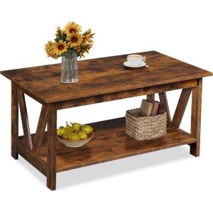 imageWLIVE Coffee Table with Storage Shelf 394quot Farmhouse Coffee Table with VFrame Support 2Tier Wood Rustic Center Table for Living Room Bedroom ampamp Balcony Charcoal BlackRustic Brown