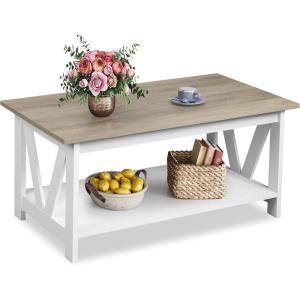 imageWLIVE Coffee Table with Storage Shelf 394quot Farmhouse Coffee Table with VFrame Support 2Tier Wood Rustic Center Table for Living Room Bedroom ampamp Balcony Charcoal BlackGrey  White