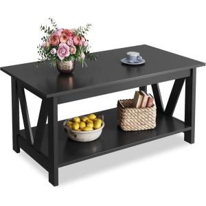 imageWLIVE Coffee Table with Storage Shelf 394quot Farmhouse Coffee Table with VFrame Support 2Tier Wood Rustic Center Table for Living Room Bedroom ampamp Balcony Charcoal BlackBlack