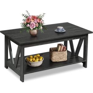 imageWLIVE Coffee Table with Storage Shelf 394quot Farmhouse Coffee Table with VFrame Support 2Tier Wood Rustic Center Table for Living Room Bedroom ampamp Balcony Charcoal BlackCharcoal Black