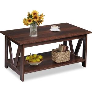 imageWLIVE Coffee Table with Storage Shelf 394quot Farmhouse Coffee Table with VFrame Support 2Tier Wood Rustic Center Table for Living Room Bedroom ampamp Balcony Charcoal BlackEspresso