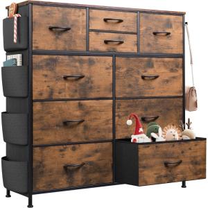 imageWLIVE Dresser for Bedroom with 10 Drawers Fabric Dresser Chest of Drawers with Side Pockets and Hooks Sturdy Metal Frame Drawers Organizer Unit for Living Room Hallway BlackRustic Brown Wood Grain Print