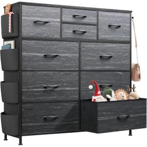 imageWLIVE Dresser for Bedroom with 10 Drawers Fabric Dresser Chest of Drawers with Side Pockets and Hooks Sturdy Metal Frame Drawers Organizer Unit for Living Room Hallway BlackCharcoal Black Wood Grain Print