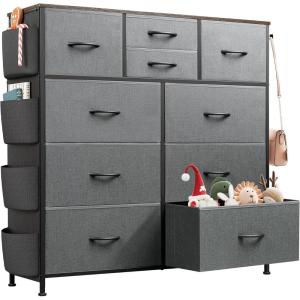 imageWLIVE Dresser for Bedroom with 10 Drawers Fabric Dresser Chest of Drawers with Side Pockets and Hooks Sturdy Metal Frame Drawers Organizer Unit for Living Room Hallway BlackDark Grey