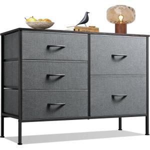 imageWLIVE Dresser for Bedroom with 5 Drawers Wide Dressers with Drawer Organizers Chest of Drawers Fabric Dresser for Living Room Closet Hallway Charcoal Black Wood Grain PrintDark Grey