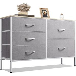 imageWLIVE Dresser for Bedroom with 5 Drawers Wide Dressers with Drawer Organizers Chest of Drawers Fabric Dresser for Living Room Closet Hallway Charcoal Black Wood Grain PrintLight Grey
