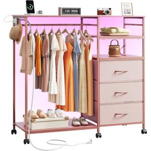 imageWLIVE Dresser for Bedroom with Clothes Rack 3 Drawer Dresser with LED Lights ampamp Charging Station Fabric Dressers ampamp Chest of Drawers Storage Organizer with Open Shelves for Closet Living Room PinkPink
