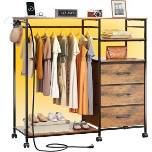 imageWLIVE Dresser for Bedroom with Clothes Rack 3 Drawer Dresser with LED Lights ampamp Charging Station Fabric Dressers ampamp Chest of Drawers Storage Organizer with Open Shelves for Closet Living Room PinkRustic Brown Wood Grain Print