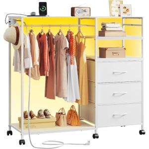 imageWLIVE Dresser for Bedroom with Clothes Rack 3 Drawer Dresser with LED Lights ampamp Charging Station Fabric Dressers ampamp Chest of Drawers Storage Organizer with Open Shelves for Closet Living Room PinkWhite