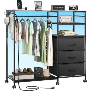imageWLIVE Dresser for Bedroom with Clothes Rack 3 Drawer Dresser with LED Lights ampamp Charging Station Fabric Dressers ampamp Chest of Drawers Storage Organizer with Open Shelves for Closet Living Room PinkBlack