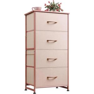 imageWLIVE Dresser with 4 Drawers Fabric Storage Tower Organizer Unit for Bedroom Hallway Entryway Closets Sturdy Steel Frame Wood Top Easy Pull Handle Rustic Brown Wood Grain PrintPink