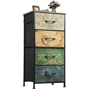 imageWLIVE Dresser with 4 Drawers Fabric Storage Tower Organizer Unit for Bedroom Hallway Entryway Closets Sturdy Steel Frame Wood Top Easy Pull Handle Rustic Brown Wood Grain PrintFloral Painted