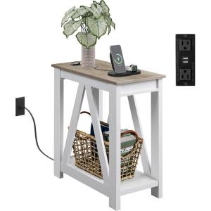 imageWLIVE Farmhouse End Table Narrow Side Table with Charging Station Slim End Table Side Table for Bedroom Living Room Small Spaces with 2 USB and 2 Power Outlets 118quot D x 236quot W x 2374quot HGreige