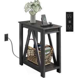 imageWLIVE Farmhouse End Table Narrow Side Table with Charging Station Slim End Table Side Table for Bedroom Living Room Small Spaces with 2 USB and 2 Power Outlets 118quot D x 236quot W x 2374quot HCharcoal Black
