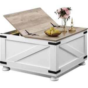 imageWLIVE Farmhouse Lift Top Coffee Table with Storage 315quot Square Center Table FlipTop Hidden Compartment WoodGrain Coffee Table for Living Room Bedroom BlackWhite