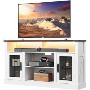 imageWLIVE Farmhouse TV Stand for 65 Inch TV Tall Entertainment Center with LED Lights Mid Century Modern TV Console wirh Open Shelves and Glass Cabinet Doors for Living Room and Bedroom White