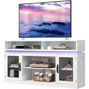 imageWLIVE Farmhouse TV Stand for 65 Inch TV Tall Entertainment Center with Storage Cabinets Media Console TV Cabinet with LED for Living Room and Bedroom BlackWhite