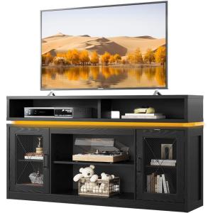 imageWLIVE Farmhouse TV Stand for 65 Inch TV Tall Entertainment Center with Storage Cabinets Media Console TV Cabinet with LED for Living Room and Bedroom BlackBlack