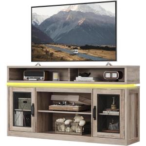 imageWLIVE Farmhouse TV Stand for 65 Inch TV Tall Entertainment Center with Storage Cabinets Media Console TV Cabinet with LED for Living Room and Bedroom BlackGrey