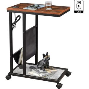 imageWLIVE Mobile Side Table with 2 USB Ports C Shaped End Table with Storage Pocket Metal Mesh Shelf for Sofa Couch Bed in Living Room Bedroom Rustic Brown