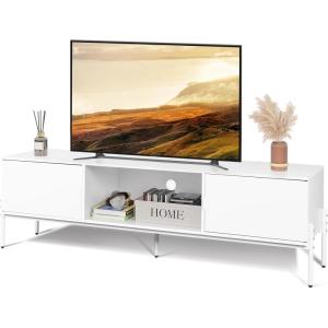 imageWLIVE Modern TV Stand for 65 Inch TV Mid Century Entainment Center with Storage TV Console with Open Shelf and 2 Cabinets for Bedroom and Living Room TV Cabinet with Metal Legs BlackWhite