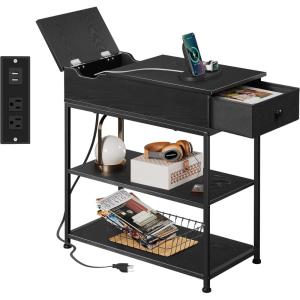 imageWLIVE Narrow Side Table with Charging Station End Table for Living Room Couch Side Table with Fabric Drawer for Bedroon 118W 236L 24H Rustic BrownBlack