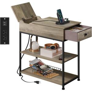 imageWLIVE Narrow Side Table with Charging Station End Table for Living Room Couch Side Table with Fabric Drawer for Bedroon 118W 236L 24H Rustic BrownGreige