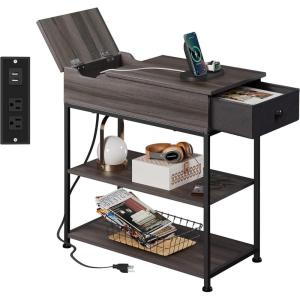 imageWLIVE Narrow Side Table with Charging Station End Table for Living Room Couch Side Table with Fabric Drawer for Bedroon 118W 236L 24H Rustic BrownGrey