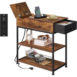 imageWLIVE Narrow Side Table with Charging Station End Table for Living Room Couch Side Table with Fabric Drawer for Bedroon 118W 236L 24H Rustic BrownRustic Brown