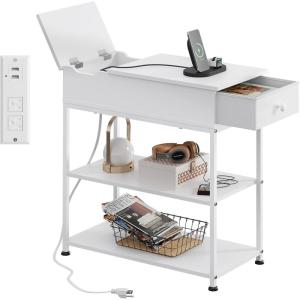 imageWLIVE Narrow Side Table with Charging Station End Table for Living Room Couch Side Table with Fabric Drawer for Bedroon 118W 236L 24H Rustic BrownWhite