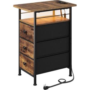imageWLIVE Narrow Side Table with Charging Station End Table with LED Light 2 Fabric Drawers and Open Shelf Black Bedside Tables Living Room Small Space Bedroom Night Stand with Charger StationRustic Brown With 3 Fabric Drawers