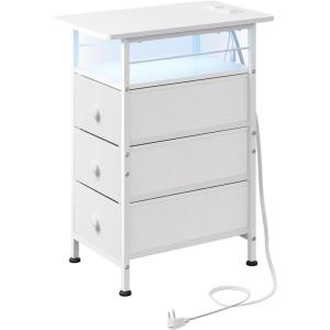 imageWLIVE Narrow Side Table with Charging Station End Table with LED Light 2 Fabric Drawers and Open Shelf Black Bedside Tables Living Room Small Space Bedroom Night Stand with Charger StationWhite With 3 Fabric Drawers