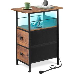imageWLIVE Narrow Side Table with Charging Station End Table with LED Light 2 Fabric Drawers and Open Shelf Black Bedside Tables Living Room Small Space Bedroom Night Stand with Charger StationRustic Brown Wood Grain Print
