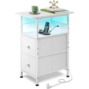 imageWLIVE Narrow Side Table with Charging Station End Table with LED Light 2 Fabric Drawers and Open Shelf Black Bedside Tables Living Room Small Space Bedroom Night Stand with Charger StationWhite