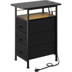 imageWLIVE Narrow Side Table with Charging Station End Table with LED Light 2 Fabric Drawers and Open Shelf Black Bedside Tables Living Room Small Space Bedroom Night Stand with Charger StationBlack With 3 Fabric Drawers