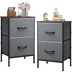 imageWLIVE Night Stand Small 2 Drawer Dresser Nightstand with Fabric Bins for Bedroom Closet Dorm Rustic Brown Wood Grain Print 118quot D x 157quot W x 209quot HDark Greytall