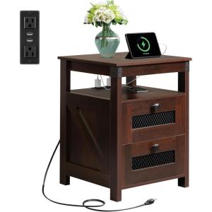 imageWLIVE Night Stand with Charger Station End Tables Bedroom Living Room Bed Side Table with 2 Wooden Storage Drawers Farmhouse Nightstand with USB Ports and Outlets Dark Rustic OakEspresso