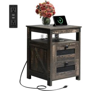imageWLIVE Night Stand with Charger Station End Tables Bedroom Living Room Bed Side Table with 2 Wooden Storage Drawers Farmhouse Nightstand with USB Ports and Outlets Dark Rustic OakDark Rustic Oak