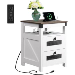 imageWLIVE Night Stand with Charger Station End Tables Bedroom Living Room Bed Side Table with 2 Wooden Storage Drawers Farmhouse Nightstand with USB Ports and Outlets Dark Rustic OakAntique White