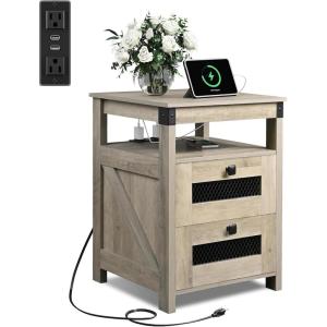 imageWLIVE Night Stand with Charger Station End Tables Bedroom Living Room Bed Side Table with 2 Wooden Storage Drawers Farmhouse Nightstand with USB Ports and Outlets Dark Rustic OakGreige