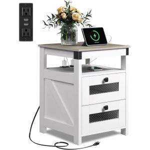 imageWLIVE Night Stand with Charger Station End Tables Bedroom Living Room Bed Side Table with 2 Wooden Storage Drawers Farmhouse Nightstand with USB Ports and Outlets Dark Rustic OakLight Grey