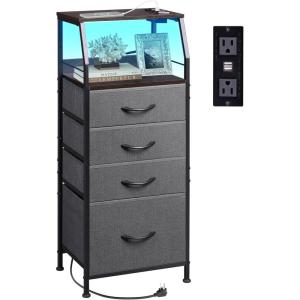 imageWLIVE Night Stand with Charger Station White Nightstand with LED Light and 4 Storage Drawers Tall Dresser for Bedroom 3748quot H Bedside Table with Fabric Bins Wood ShelfDark Grey