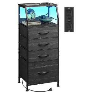 imageWLIVE Night Stand with Charger Station White Nightstand with LED Light and 4 Storage Drawers Tall Dresser for Bedroom 3748quot H Bedside Table with Fabric Bins Wood ShelfCharcoal Black Wood Grain Print