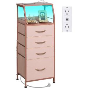 imageWLIVE Night Stand with Charger Station White Nightstand with LED Light and 4 Storage Drawers Tall Dresser for Bedroom 3748quot H Bedside Table with Fabric Bins Wood ShelfPink