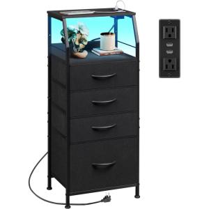 imageWLIVE Night Stand with Charger Station White Nightstand with LED Light and 4 Storage Drawers Tall Dresser for Bedroom 3748quot H Bedside Table with Fabric Bins Wood ShelfBlack