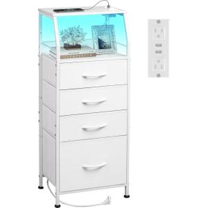 imageWLIVE Night Stand with Charger Station White Nightstand with LED Light and 4 Storage Drawers Tall Dresser for Bedroom 3748quot H Bedside Table with Fabric Bins Wood ShelfWhite