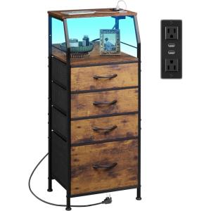 imageWLIVE Night Stand with Charger Station White Nightstand with LED Light and 4 Storage Drawers Tall Dresser for Bedroom 3748quot H Bedside Table with Fabric Bins Wood ShelfRustic Brown Wood Grain Print
