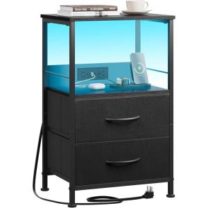 imageWLIVE Nightstand with Charging Station LED Night Stand with 2 Fabric Drawers and Open Shelf Small Dresser for Small Spaces Side End Tables for Bedroom Rustic Brown and BlackBlack