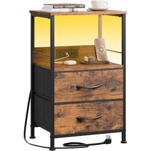 imageWLIVE Nightstand with Charging Station LED Night Stand with 2 Fabric Drawers and Open Shelf Small Dresser for Small Spaces Side End Tables for Bedroom Rustic Brown and BlackRustic Brown Wood Grain Prin