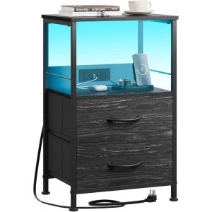 imageWLIVE Nightstand with Charging Station LED Night Stand with 2 Fabric Drawers and Open Shelf Small Dresser for Small Spaces Side End Tables for Bedroom Rustic Brown and BlackCharcoal Black